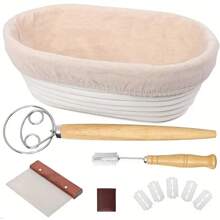 Set de cestas para fermentar pan, 10 pulgadas ovaladas, cestas de ratán con utensilios y suministros para hornear masa madre, kit de regalo para fermentación - multicolor - Ver 1