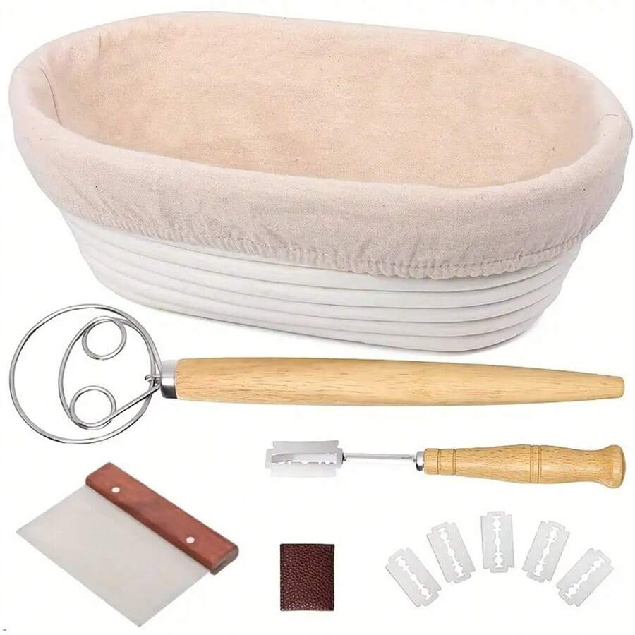 Set de cestas para fermentar pan, 10 pulgadas ovaladas, cestas de ratán con utensilios y suministros para hornear masa madre, kit de regalo para fermentación - multicolor - Ver 1