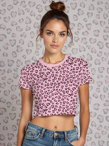 Women 3D Printed Custom Picture T-Shirt Fashion Personalized Crop Top Shirts Pink Leopard Print Baby Tees Add Your Own Photos (Family Photos, Selfies) To Design Custom Printed T-Shirts Casual - Pink - View 4