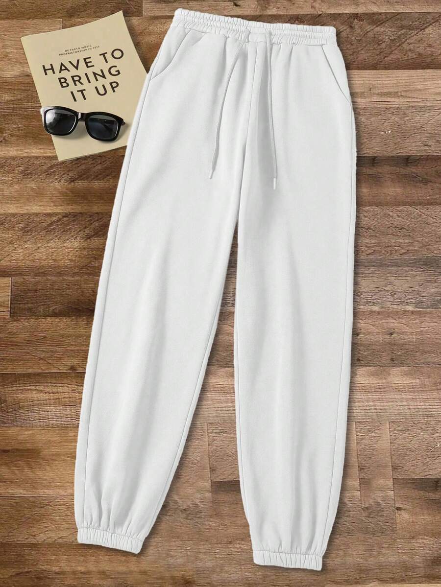 Women's Solid Color Lace-Up Pocket Simple Casual Drawstring Sweatpants - White - View 1
