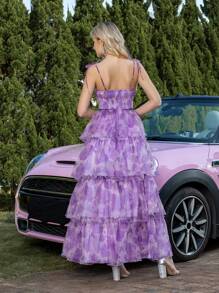 Romantic Mesh Butterfly Foil Print Multilayer Cake Cutout Back Spaghetti Strap High Low Flared Party Dress, Wedding Guest Dress, Prom Dress - Purple - View 3