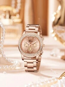 2pcs Fashion Simple Women's Steel Belt Quartz Watch Flower Bracelet Set, Suitable For Daily Matching - Rose Gold - View 3