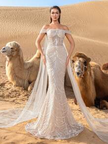 Faeriesty 奢华露肩美人鱼裙摆串珠礼服及晚礼服，适合派对、婚礼等场合，优雅迷人。 - 香檳色 - 查看 7