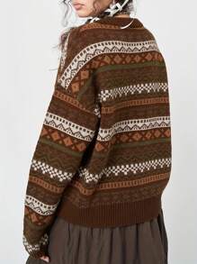 Women's Striped Sweater Vintage Loose Crew Neck Long Sleeve Pullover Tops For Fall Winter - Camel - View 6