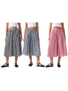 Womens Casual Loose  Plaid Capri Culottes Elastic Waistband Wide Leg Side Pocket Trousers For Daily Streetwear - Blue - View 8