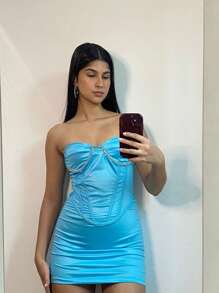 Vestido tomara que caia, com detaçhes em strass - Azul bebê - Visão 1