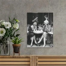 1 件无框，经典复黎咖啡馆帆布印刷品，黑白复古墙壁艺术，时尚女性喝咖啡，节日主题壁挂，通用款，无需电力或羽毛 - 彩色 - 查看 3