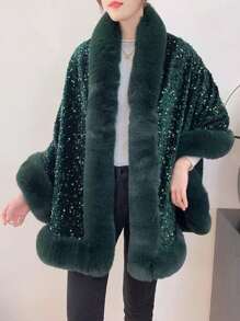 一件秋冬季仿毛皮饰边亮面披肩，法兰绒内衬，休闲派对优雅斗篷外套，可搭配连衣裙穿着。 - 彩色 - 查看 9