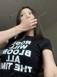 Vintage Inspired Letter Print Short Sleeve T-Shirt For Women, Stylish Fitted Top