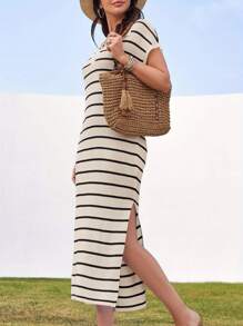 Women's Knit Midi Dress Short Sleeve Lapel Collar Striped Print Long Dress Going Out Dress