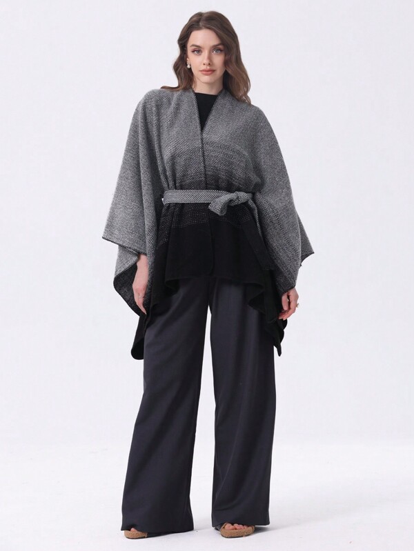 1pc Ombre Street Style Polyester Poncho Winter Ombre Belted Wrap
