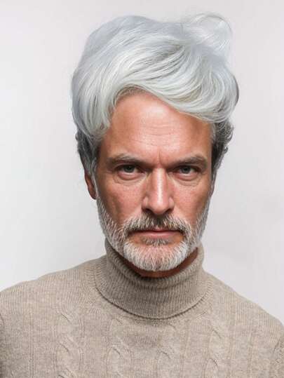 中年男士假发，白色顶部，时尚个性化短发，易于佩戴且易于护理的合成假发，适合服装表演和节日派对