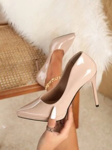 Tacones altos de mujer, plataforma impermeable, unicolor de primavera/otoño, zapatos elegantes y formales de punta fina y puntiaguda - Albaricoque - Ver 3