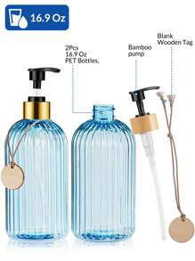 GAONLY 2 pièces Distributeur de savon bleu clair de 500 ml pour la cuisine, distributeur de savon liquide rechargeables avec pompe en bambou, distributeur de savon transparent pour la salle de bain pour le savon à vaisselle, le savon pour les mains, décoration de salle de bain maison, décoration d'automne, retour à l'école