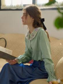 Simple Retro Women's Spring And Summer Models Holiday Style Patchwork Collar Printing Collision Green Elegant Retro Temperament Casual Long-Sleeved Shirt Blouse Top - Green - View 7