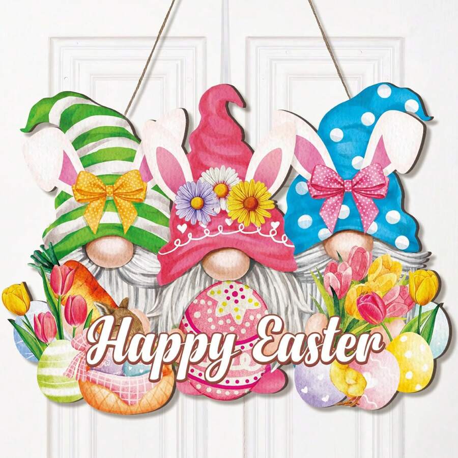 欢乐复活节木质装饰标牌小矮人设计现代风格室内家居装饰木质悬挂复活装饰用品 - 彩色 - 查看 1