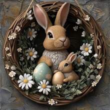 Easter Bunny Wooden Hanging Sign - Bohemian Style Rabbit & Egg Design Wall Art With Daisy Wreath, Rustic Home Decor For Front Door, Porch, Living Room, Bedroom - Indoor/Outdoor Spring Decoration, Rabbit Accessories, Perfect Gift For Family And Friends Easter Decorations Easter Decor Party Gift Gifts Birthday Graduation