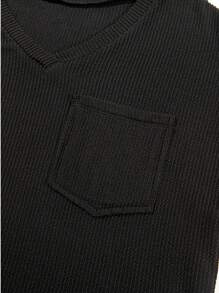 CILKOO Women's Loose Twist Textured V-Neck Short Sleeve T-Shirt, Spring/Summer - Black - View 9