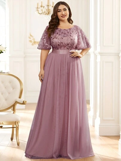 EVERPRETTY Plus Romantic Mesh Contrast Sequin Bodice Mesh Dusty Pink Bridesmaid Dresses Evening Dresses Spring Summer Formal Dress For Party Valentines Day