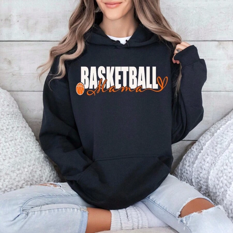 Basketball Mama Hoodie, Basketball Mom Hoodie, Mother's Day Gift Idea, Gift For Her, Funny Mama Hoodie, Mothers Day Tee, Sport Mama Hoodie, Oversized Pullover Hoodie Double-Lined Hood Heavyweight Cotton Pullover Hooded Sweatshirt For Women - Black - View 1