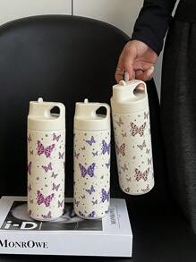 1 pezzo 500ml (16,9 once) Tazza termica a doppia parete in acciaio inox con stampa di leopardo e farfalla, con cannuccia, adatta per ufficio, all aperto, casa, auto, scuola, feste, compleanni, regali per il ritorno a scuola