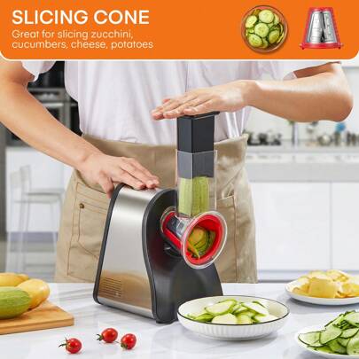 Electric Cheese Grater 150W Electric Grater For Fruit And Vegetables, Multi Salad Maker With 4 Interchangeable Cones Ideal For Cheese, Cucumber, Carrot