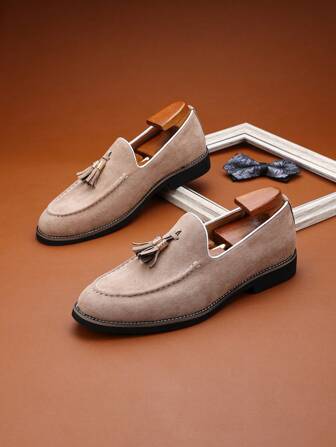 New Men's Loafer Shoes, British Style Low-Top Pointed Toe Fringed Decor, Thick Sole, Breathable, Slip-On, Casual Dress Formal Party Club Versatile Shoes