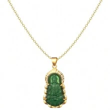 dollrinboy 1 pièce Pendentif collier 18 carats plaqué or de Guanyin Bouddha vert pour femmes et hommes, ornement bouddhiste amulette, avec chaîne plate de 3mm