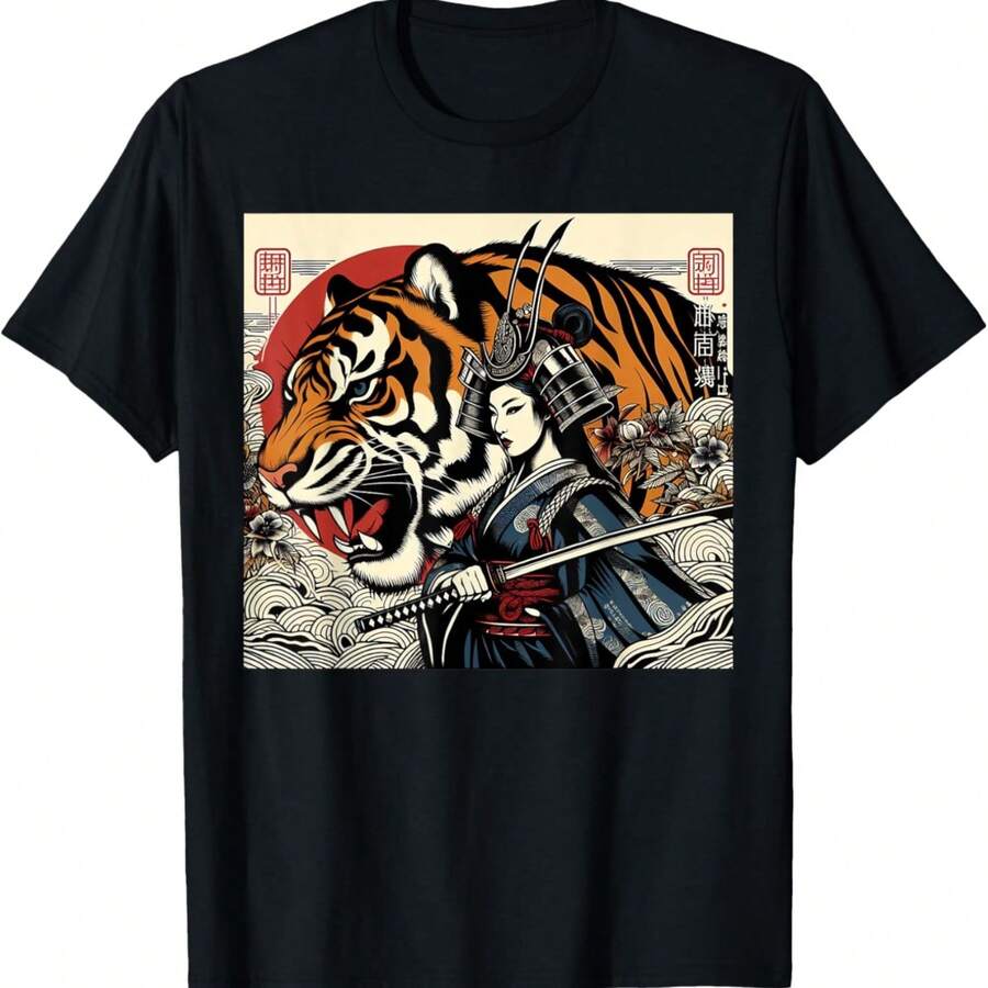 Samurai And Tiger Tattoo With Traditional Japanese Art Girl T-Shirt - Black - View 1