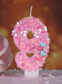 1pc Heart-Shaped Glitter Love Pink Balloon Numeral Birthday Candle, Cake Decoration Party Decor, Anniversary Celebration - Multicolor - View 11