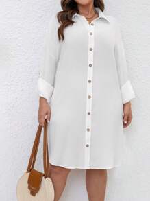 Plus Size Women's Solid Color Rolled Sleeve Single-Breasted Casual Shirt Dress