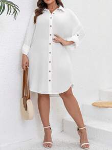 Plus Size Women's Solid Color Rolled Sleeve Single-Breasted Casual Shirt Dress