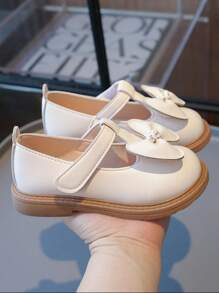 1 双女童蝴蝶结点缀简约时尚优雅皮革平底鞋，适合夏季 - 米色 - 查看 5