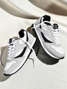 Men's Casual Outdoor Sport Shoes, Solid Color, Versatile, Breathable, Anti-Slip, Fabric Mesh Low-Top Lace-Up Low Heel Sneakers - Black and White - View 3