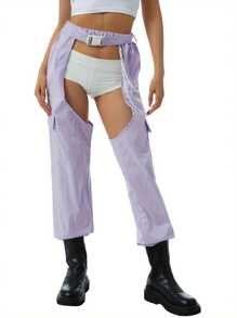 Womens Plus Size Fashion Crotchless Trousers Fashion Solid Color High Waist Long Pants With Chain  Belt - Purple - View 1
