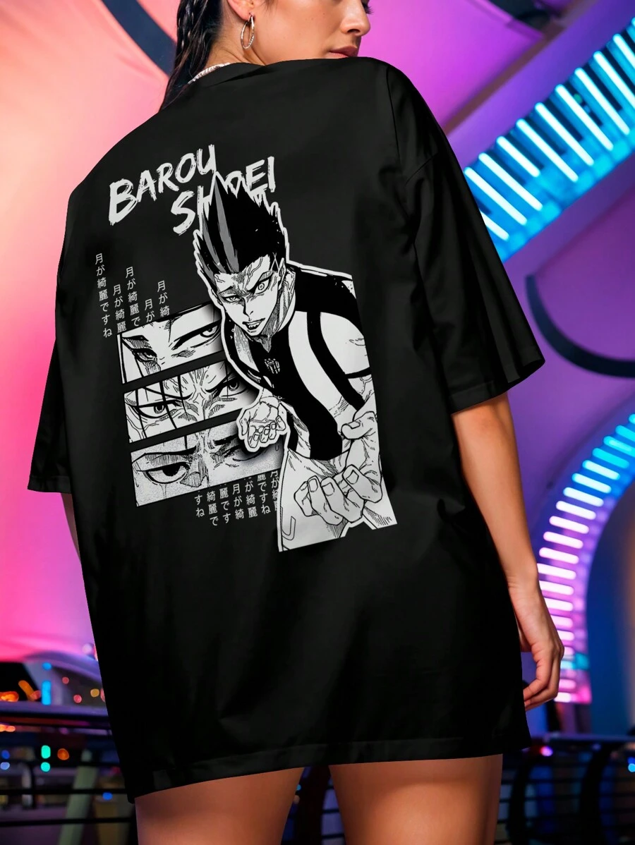 Camiseta Oversized Anime Academia Blue Lock Barou Shoei Futball Série REF 7080 - Preto - Visão 1