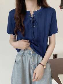 Women's Short Sleeve Fitted Contrast Color Knit Top, Summer