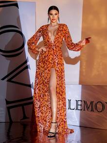 橙色深 V 领长袖雪纺开衩连衣裙