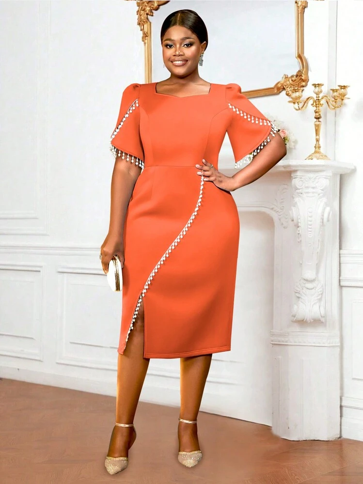 Plus Size Women Beaded Decoration Commuter Dress - Orange - View 5