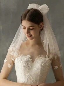 新娘面纱 - 仿珍珠尼龙柔软薄纱蝴蝶结新娘配饰，优雅婚礼必备女士秋季服装