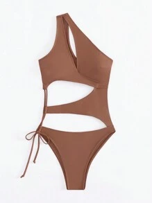 Summer Solid Color Monokini Hollow Sexy One-Shoulder Design Beach Vacation Swimsuit - Coffee Brown - View 7
