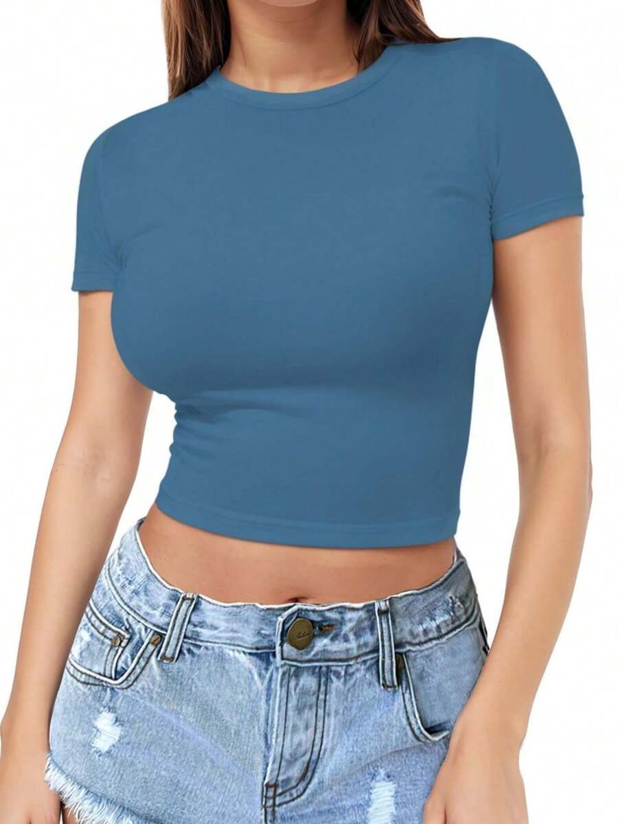 GEREARC Womens Slim Fitted Crop Tops - Basic Crew Neck Short Sleeve Basic Tees For Going Out - xanh xám - Xem 1