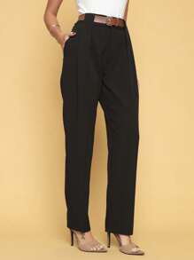 Elegant Women's Long Trousers With Belt Straight And Plain Model High Waist With Buttons And Zipper Elegant Tailoring Fabric / Daily / 2024 - Black - View 3