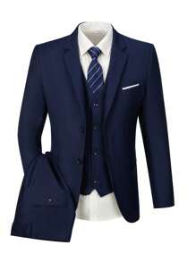 WindsorQuad Furuyal 男士三件套西装，优雅纯色单排扣修身西装外套、马甲、西裤和领带，适合商务、婚礼、正式场合，藏蓝色，尺码 XS-3XL - 藏蓝色 - 查看 4