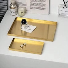 1pc Luxury Stainless Steel Metal Tray, High-End Golden Color Storage Tray, For Bedroom Cosmetics, Jewelry, Entryway Keys, Bathroom, Living Room Tabletop, Rectangular - Multicolor - View 2
