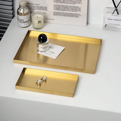 1pc Luxury Stainless Steel Metal Tray, High-End Golden Color Storage Tray, For Bedroom Cosmetics, Jewelry, Entryway Keys, Bathroom, Living Room Tabletop, Rectangular