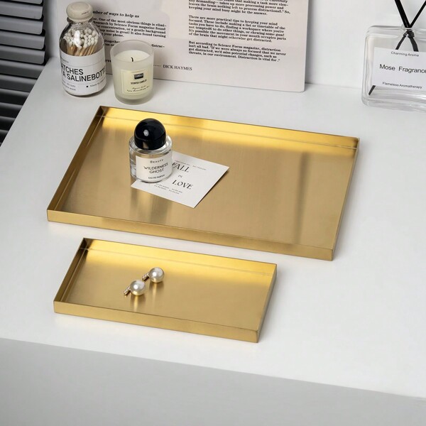 1pc Bandeja de metal de aço inoxidável de luxo, bandeja de armazenamento de cor dourada de alta qualidade, para cosméticos de quarto, joias, chaves de entrada, banheiro, mesa de sala de estar, retangular