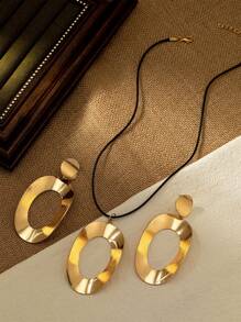 3pcs/Set Fashionable Hollow Oval Pendant Necklace And Earrings Jewelry Set, Suitable For Women Party, Gathering, Daily Wear, Gift - Jewelry Set - View 2