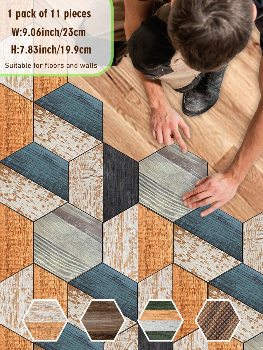 11 piezas de baldosas de piso autoadhesivas hexagonales con textura de madera, impermeables y antideslizantes para decoración del hogar, baldosas hexagonales entrelazadas de 7.83*9.06 pulgadas/19.9*23 cm, baldosas de piso autoadhesivas para sala de estar, decoración de habitaciones, cocina