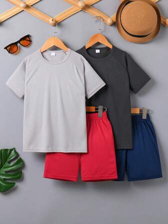 4 件套儿童夏季纯色短袖上衣和短裤套装，男孩运动/健身/学生/休闲/足球/篮球